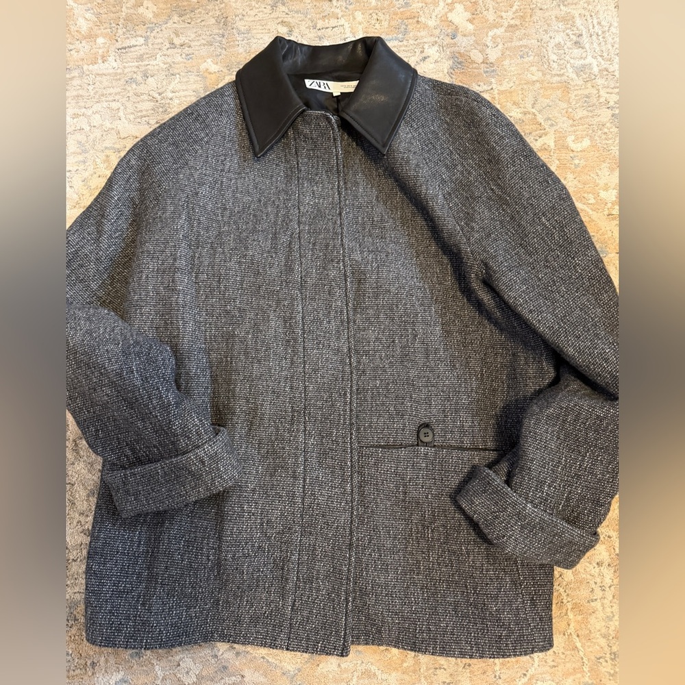 Zara tweed barn Jacket with black leather collar